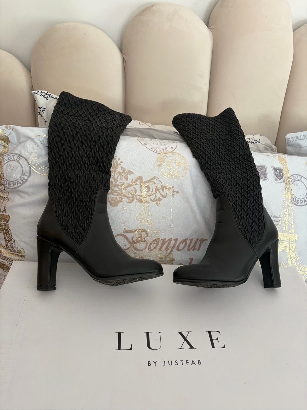 Impo Black Knit Block Heel Boots